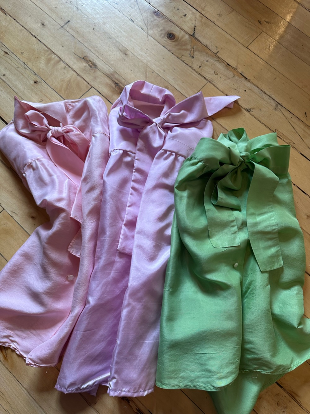Silky Bow Tie Blouse Trio - Pink, Lilac & Green
